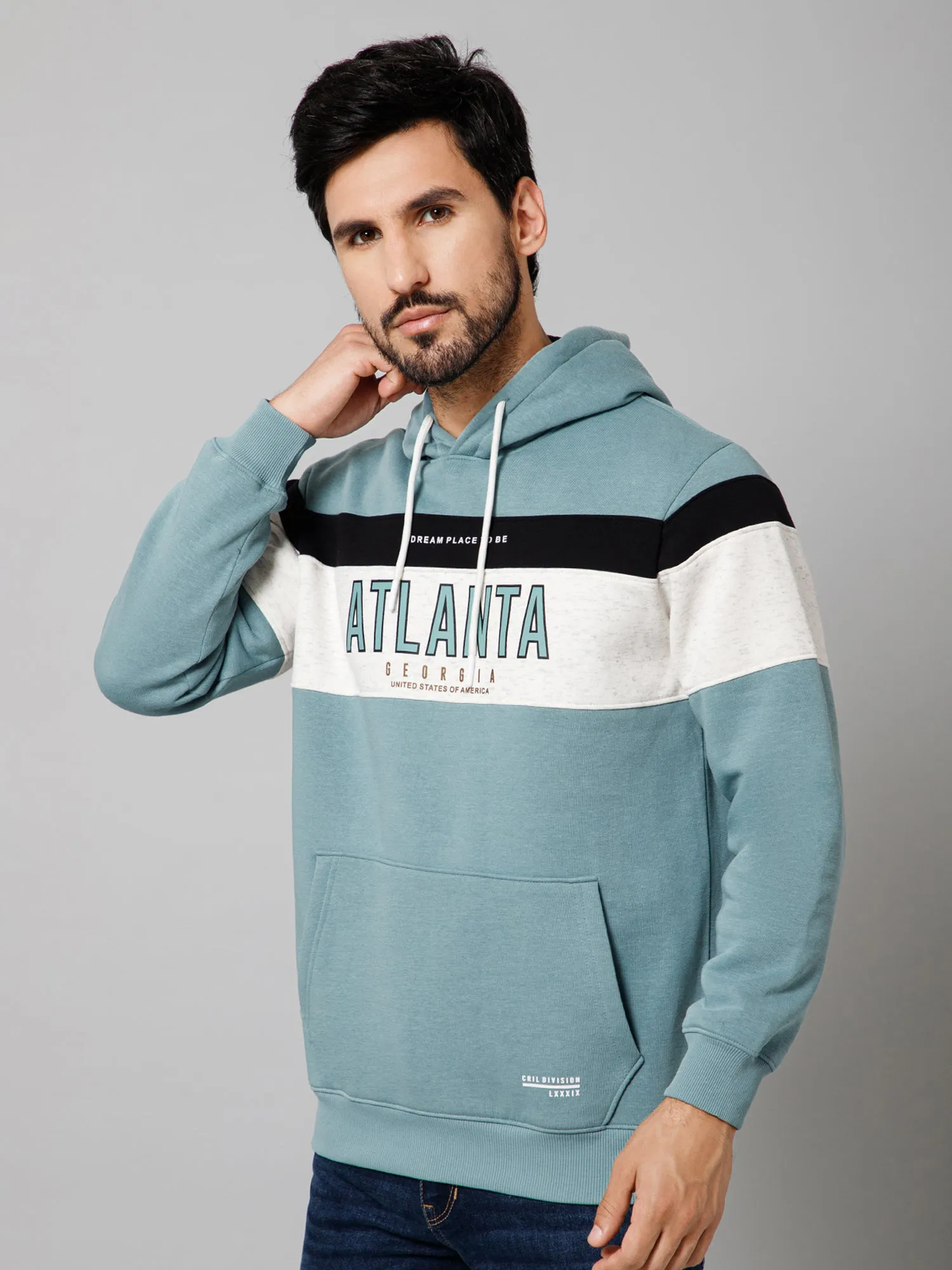 Printed Teal Full Sleeves Regular Fit Casual Sweatshirt with Hoodie with Men