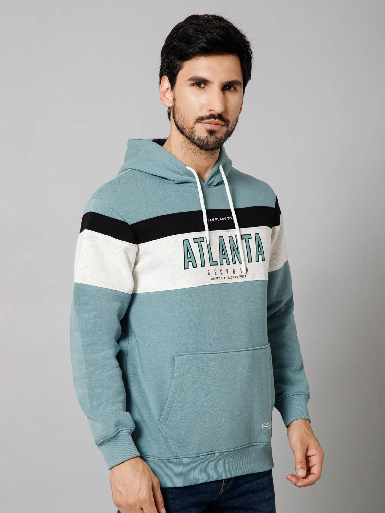 Printed Teal Full Sleeves Regular Fit Casual Sweatshirt with Hoodie with Men