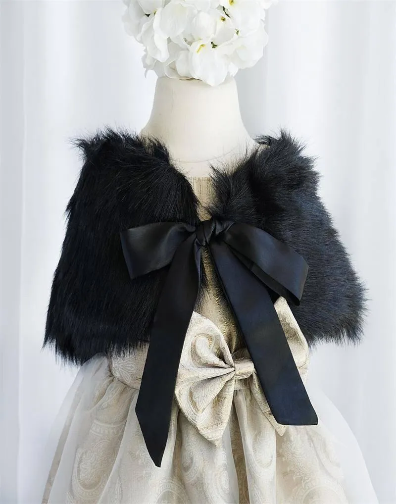 RIBBON BOW SHOULDER WRAP SOFT FAUX FUR SHAWL - Black