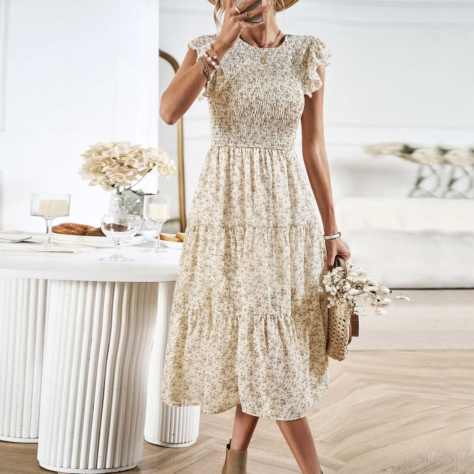 Round Neck Pleated Flying Sleeve Floral Temperament Elegant Dress Wholesale Dresses