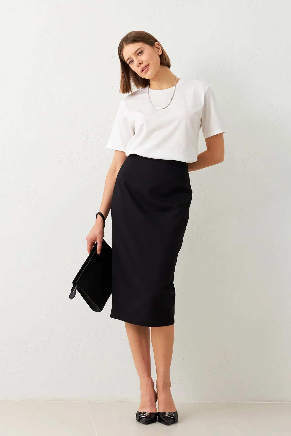 Setre Waist Fitted Midi Length Pencil Skirt Black