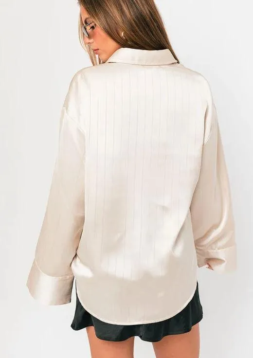 Sparkle & Stripe Cream Satin Blouse Button Down Top