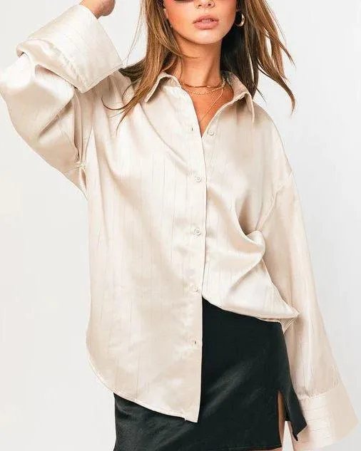 Sparkle & Stripe Cream Satin Blouse Button Down Top