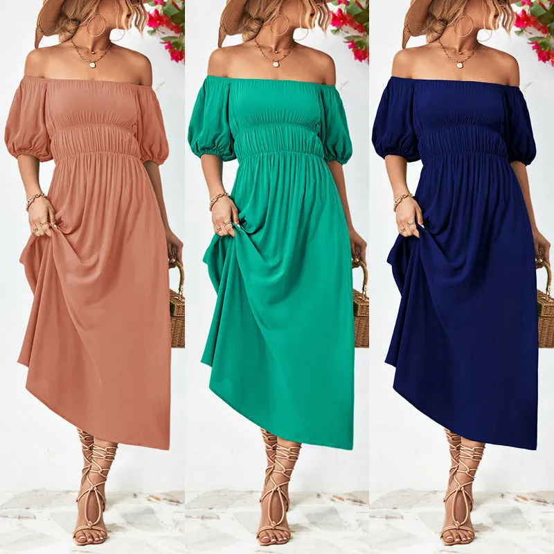 Square Collar One Shoulder Pure Color Slim Simple Dress Wholesale Dresses