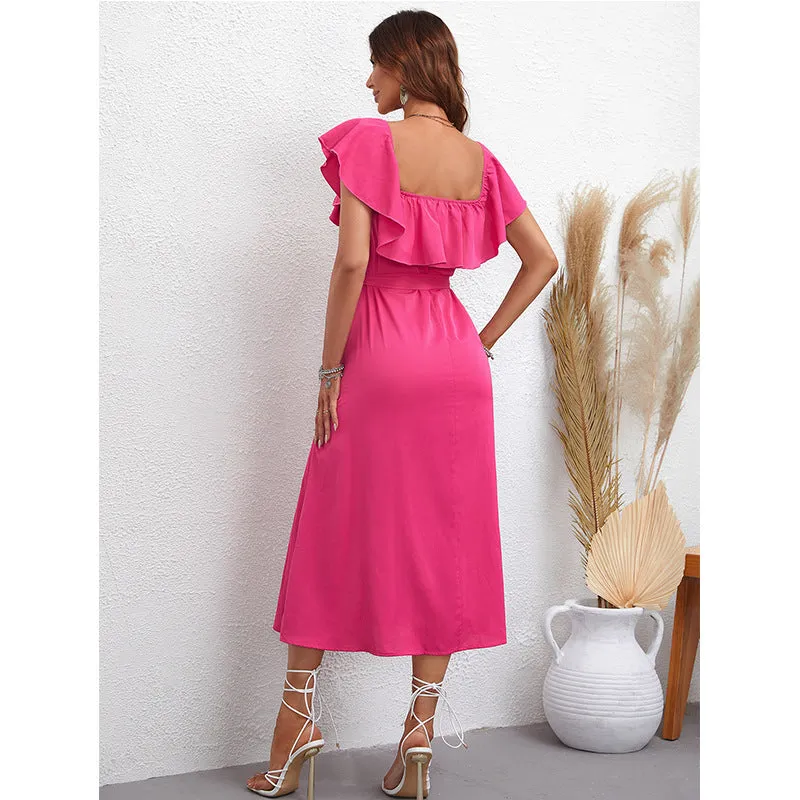 Square Collar Slim Fit Solid Color Slit Dress With Buckle And Earrings Wholesale Dresses