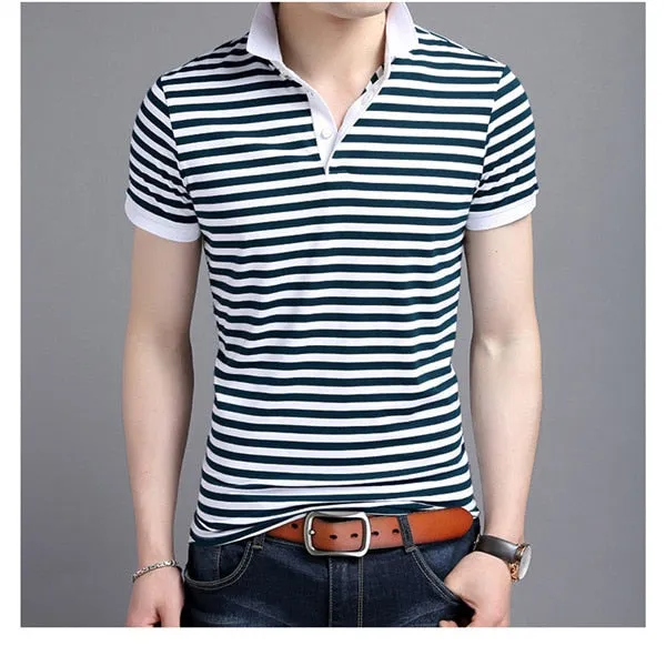 Summer Men Business Casual Breathable White Striped Short Sleeve