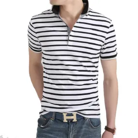 Summer Men Business Casual Breathable White Striped Short Sleeve