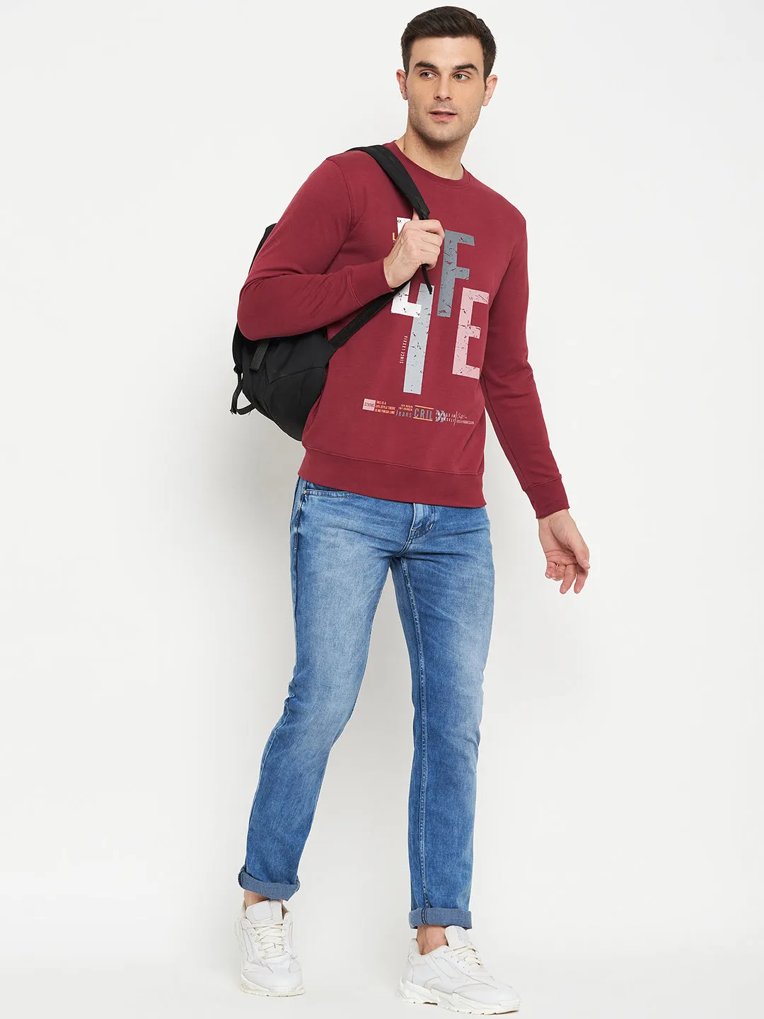 Typography Printed Pink Full Sleeves Round Neck Regular Fit Casual Sweatshirt for Men