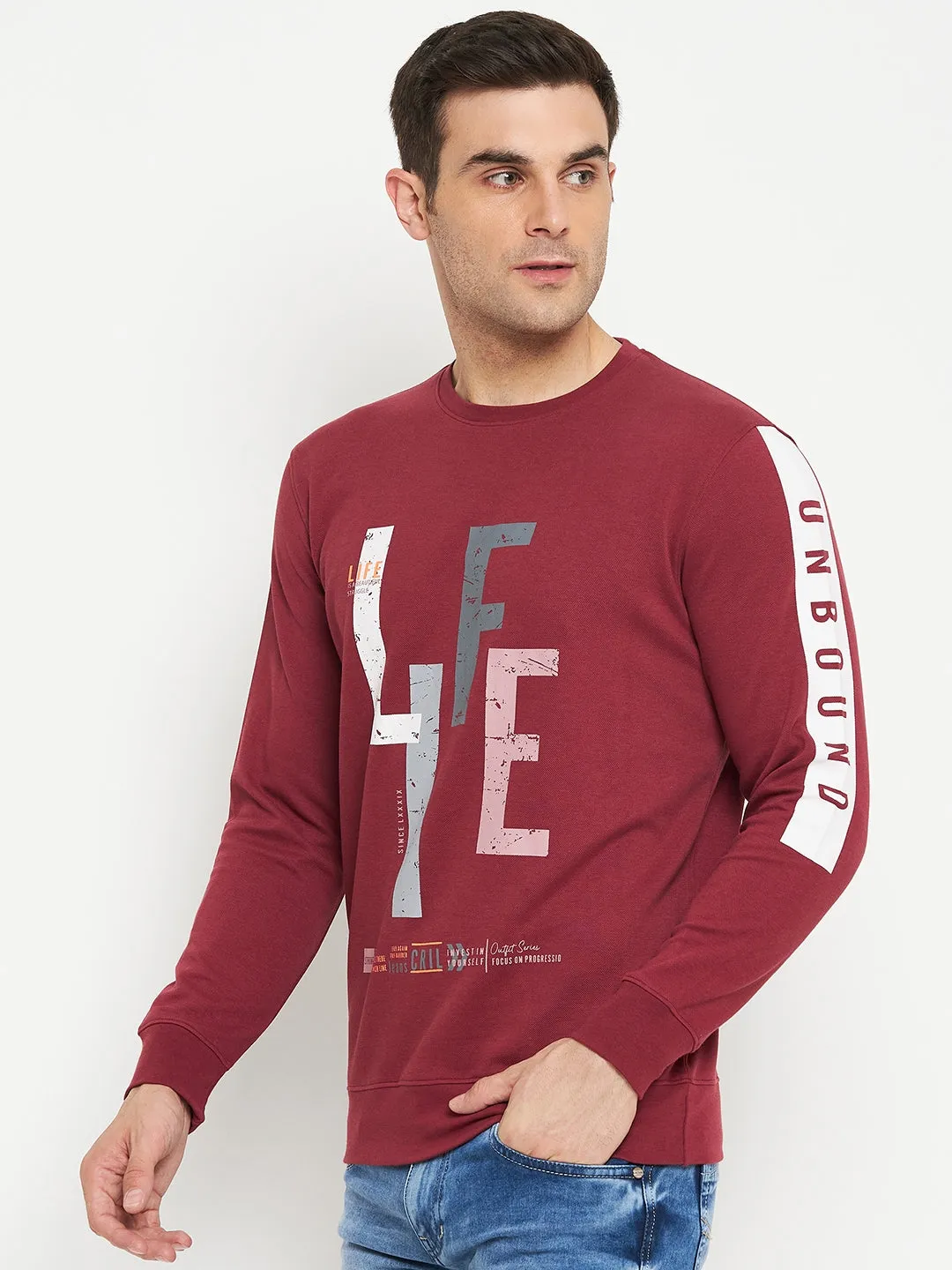 Typography Printed Pink Full Sleeves Round Neck Regular Fit Casual Sweatshirt for Men