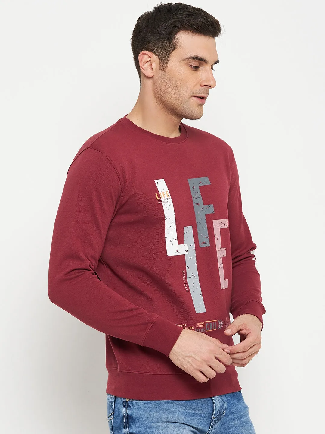 Typography Printed Pink Full Sleeves Round Neck Regular Fit Casual Sweatshirt for Men