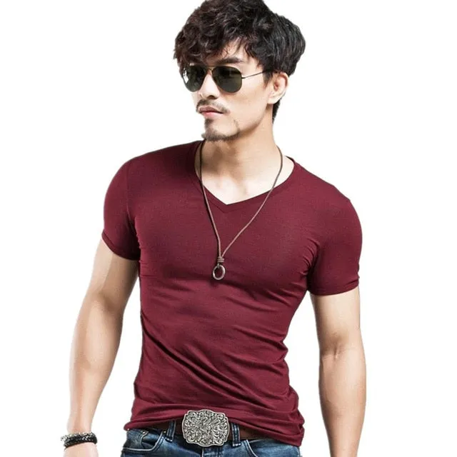 V neck T Shirt Fashion Fitness Casual For Male