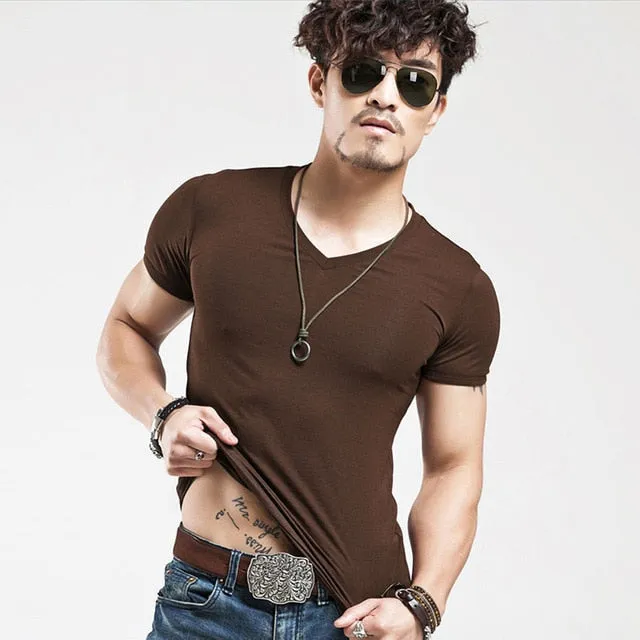 V neck T Shirt Fashion Fitness Casual For Male