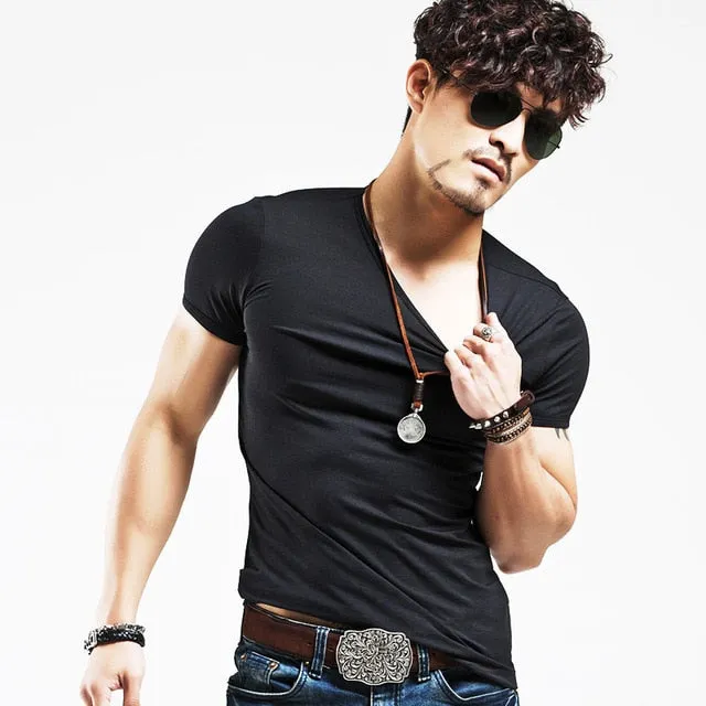 V neck T Shirt Fashion Fitness Casual For Male