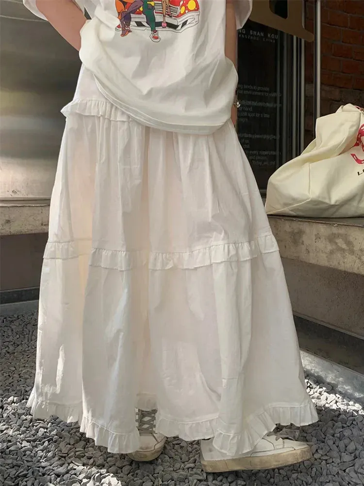 White Korean Style Elastic Waist Swing Skirt with Ruffle Trim