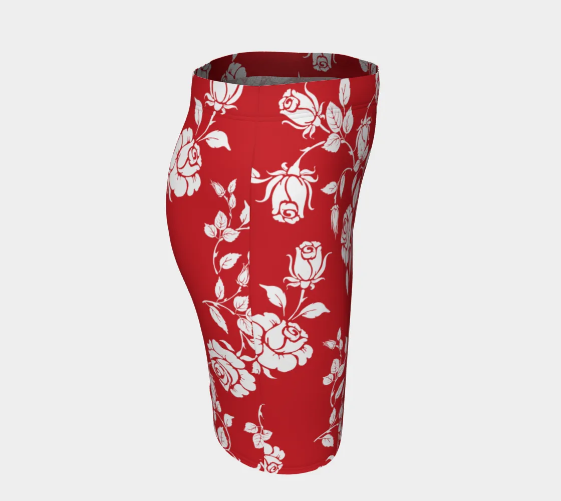 White Roses on Red Fitted Skirt