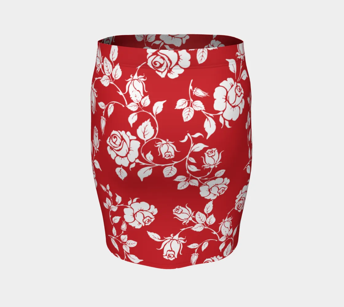 White Roses on Red Fitted Skirt