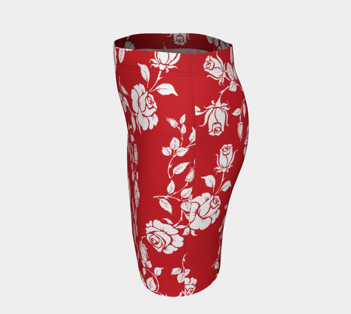 White Roses on Red Fitted Skirt