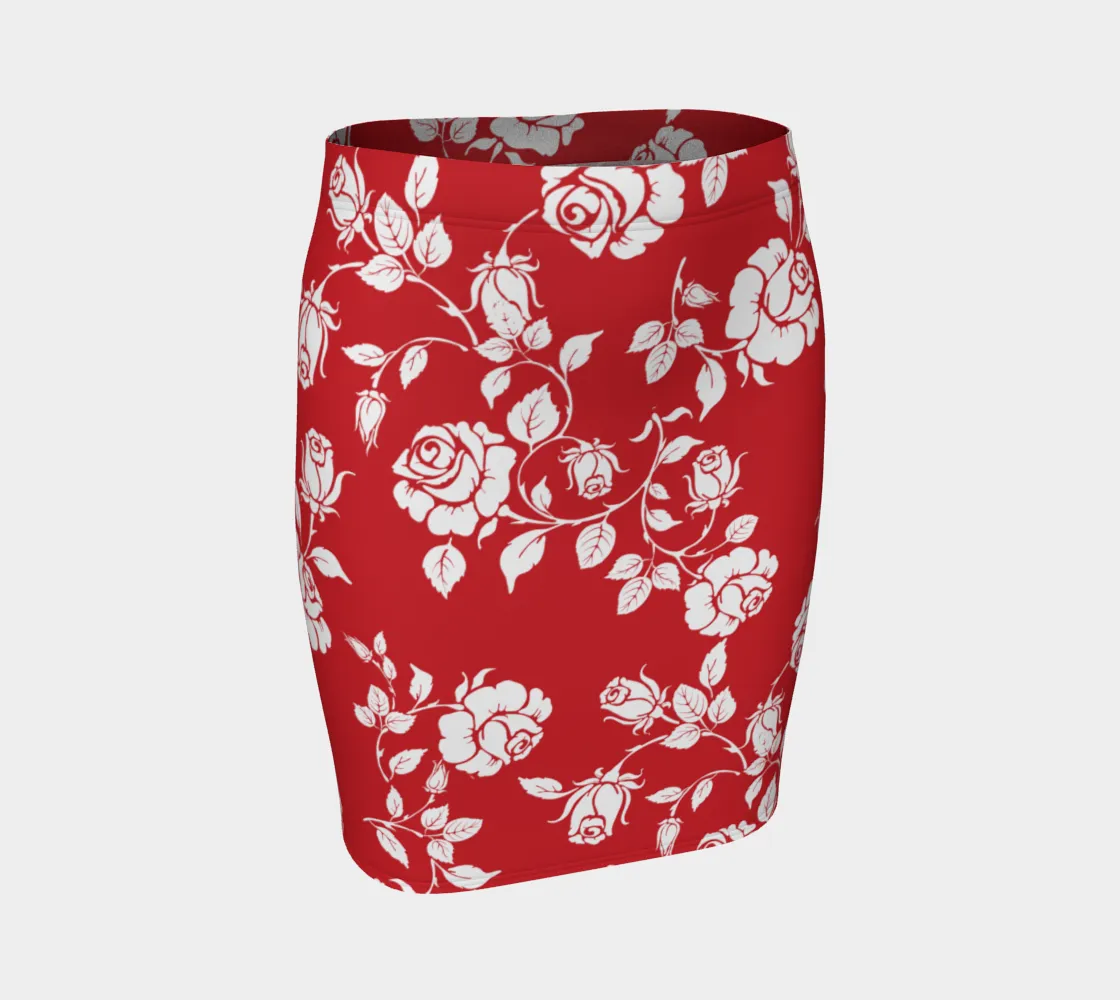 White Roses on Red Fitted Skirt