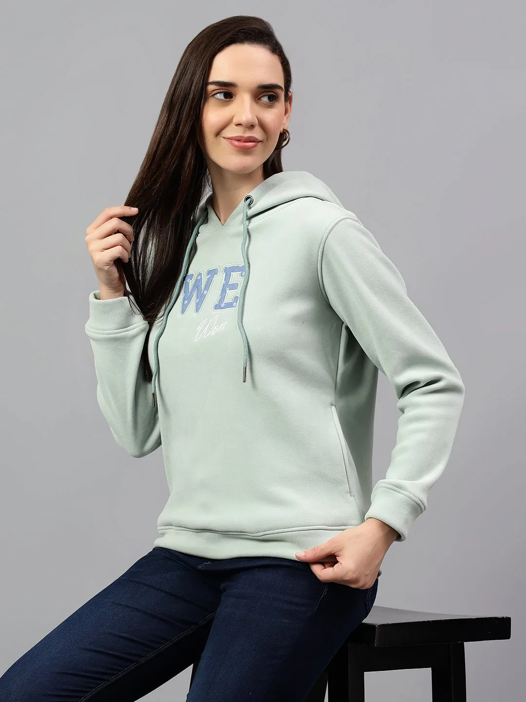 Women's Aqua Blue Printed Hoody Neck Sweatshirt