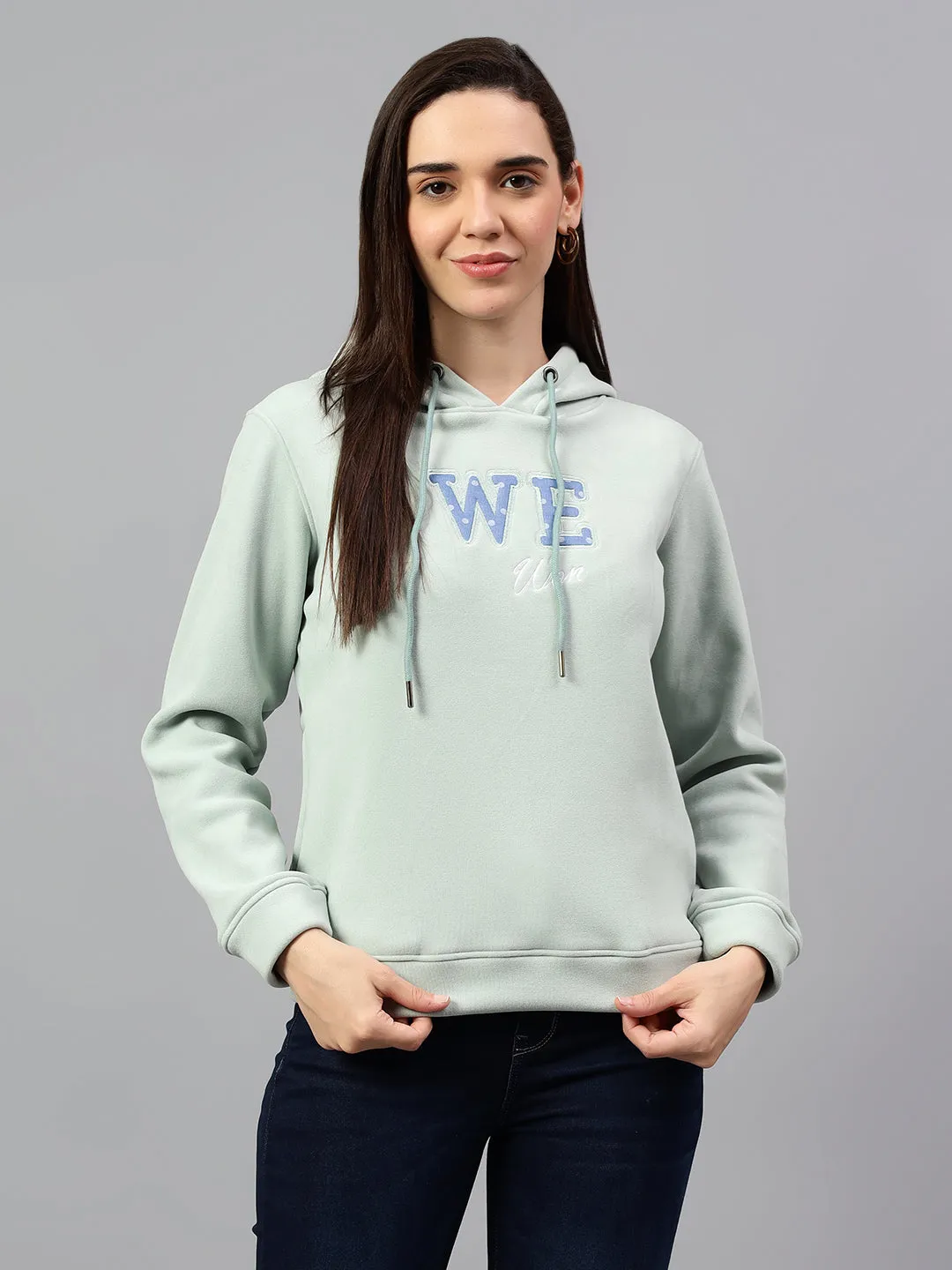 Women's Aqua Blue Printed Hoody Neck Sweatshirt