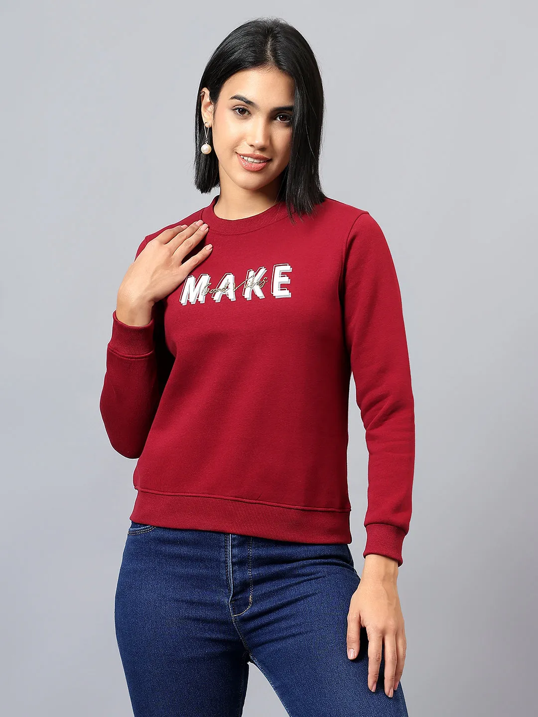 Women's Maroon Printed Round Neck Sweatshirt